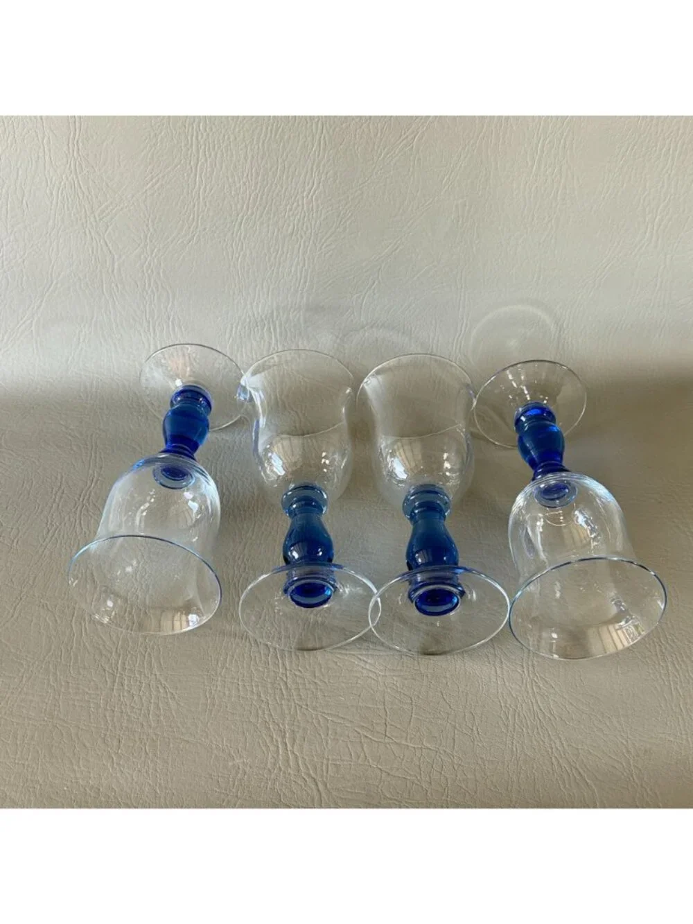 Vintage Royal Blue Stem Wine Glasses Water Goblets Tulip Clear Bowl Set of 4